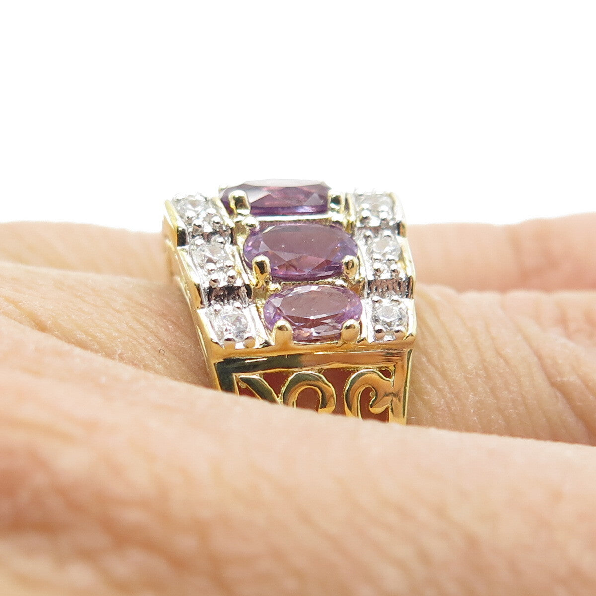 DSMK 925 Sterling Silver Gold Plated Real Purple Sapphire & C Z Ring Size 5