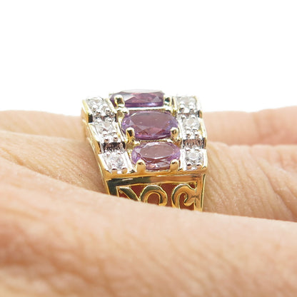 DSMK 925 Sterling Silver Gold Plated Real Purple Sapphire & C Z Ring Size 5