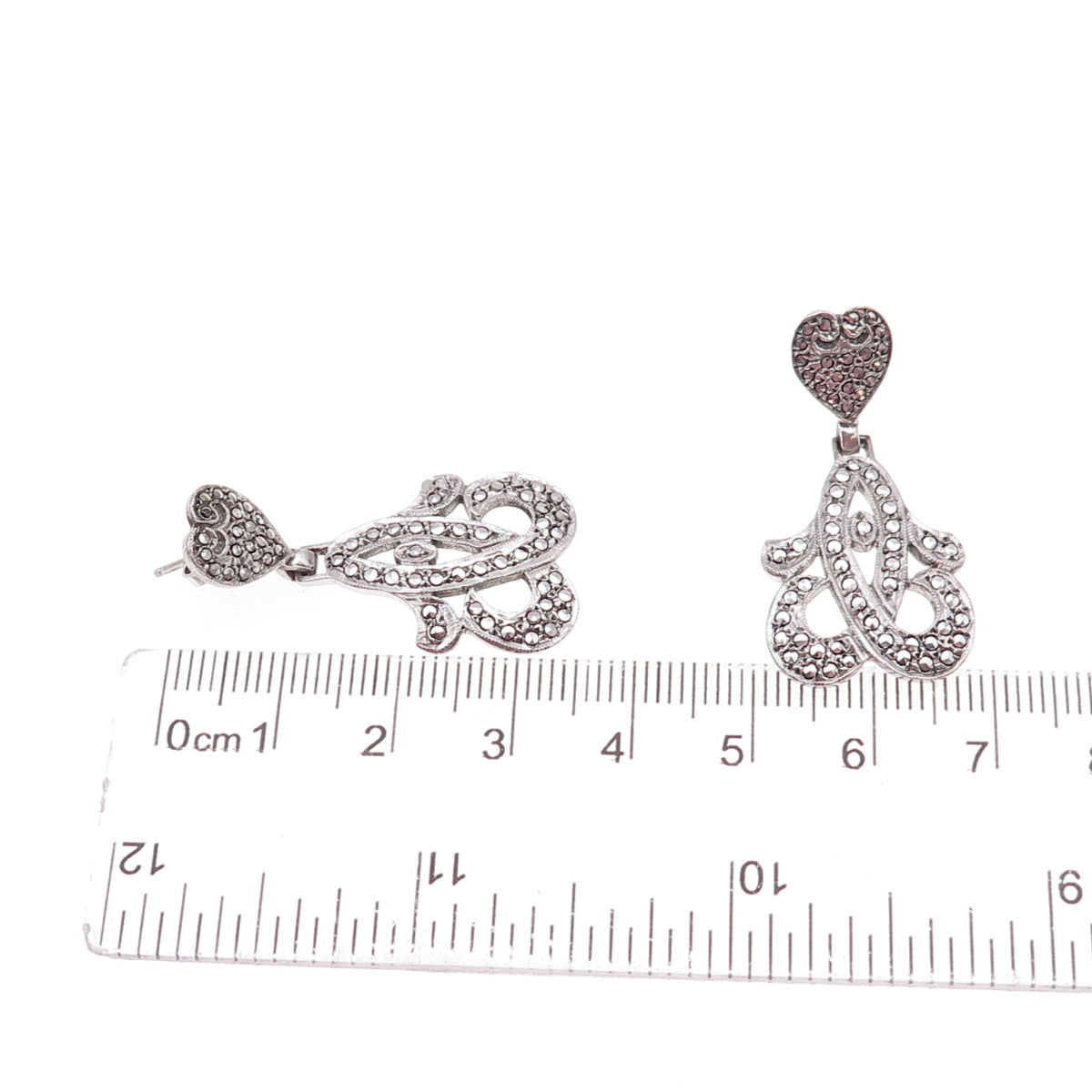 925 Sterling Silver Antique Art Deco Real Marcasite Heart Floral Dangle Earrings