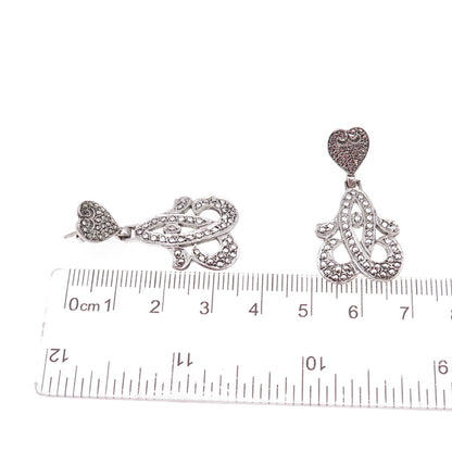 925 Sterling Silver Antique Art Deco Real Marcasite Heart Floral Dangle Earrings