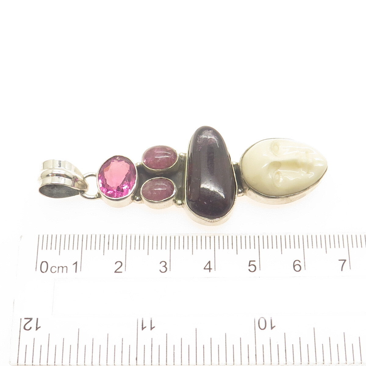 925 Sterling Silver Vintage Real Pink Amethyst Tourmaline & MOP Goddess Pendant