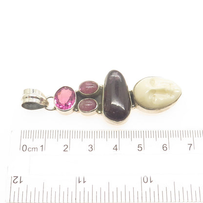 925 Sterling Silver Vintage Real Pink Amethyst Tourmaline & MOP Goddess Pendant