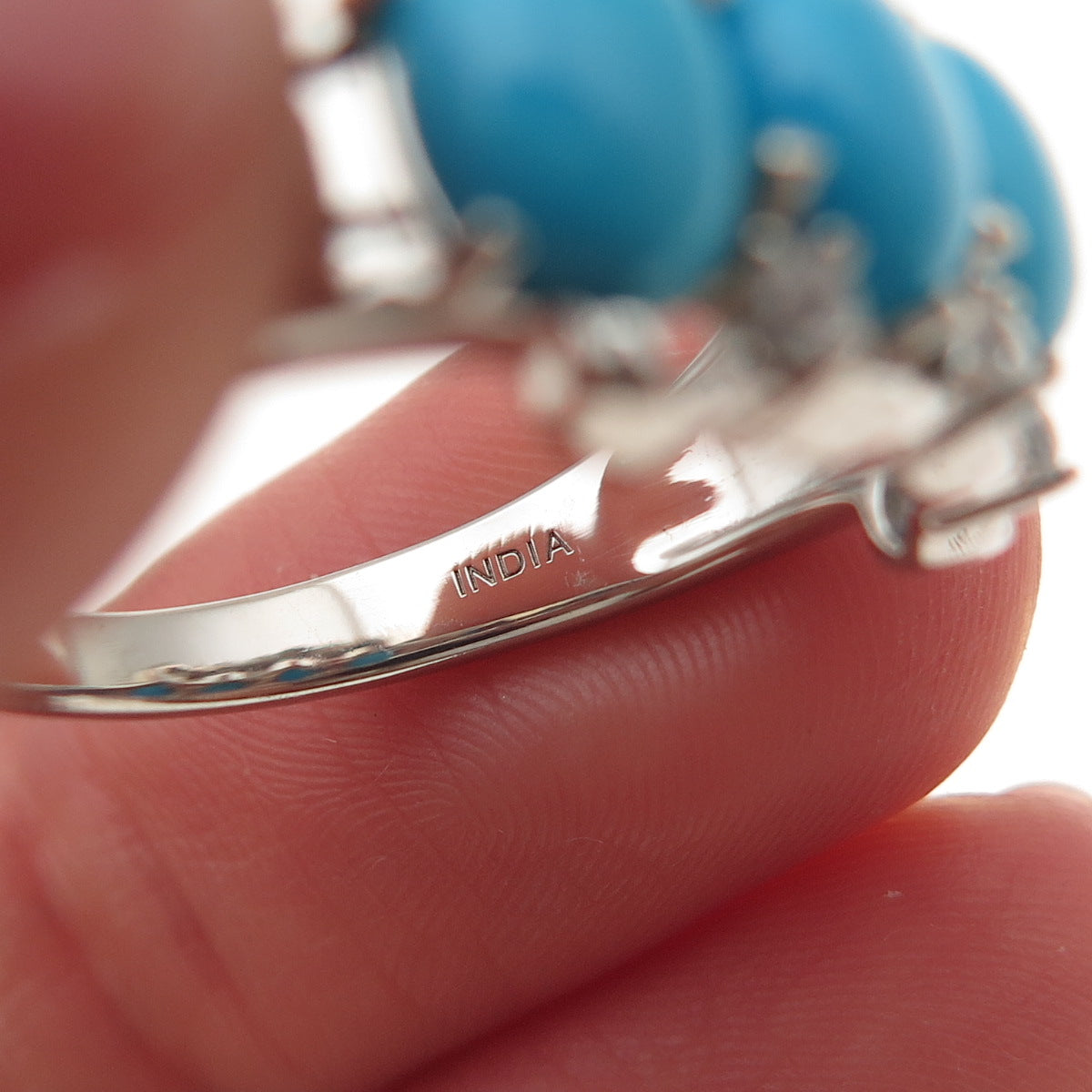 925 Sterling Silver Real Sleeping Beauty Turquoise & White Topaz Ring Size 8