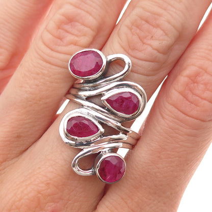 925 Sterling Silver Vintage Real Ruby Modernist Swirl Oxidized Ring Size 9