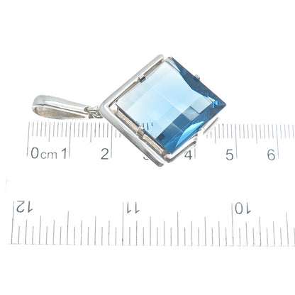 925 Sterling Silver Vintage Checkered Blue Glass Modernist Pendant