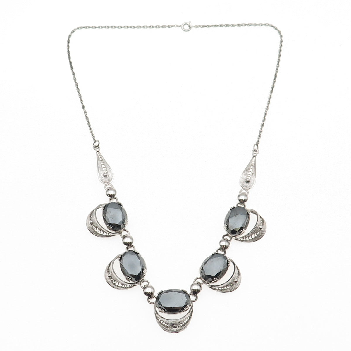 925 Sterling Silver Antique Art Deco Real Hematite Filigree Chain Necklace 16"