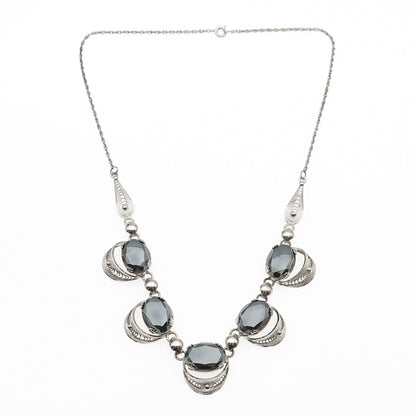 925 Sterling Silver Antique Art Deco Real Hematite Filigree Chain Necklace 16"