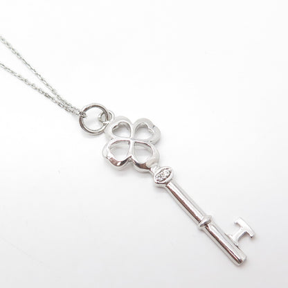 925 Sterling Silver Italy White C Z Key Clover Chain Necklace 16"