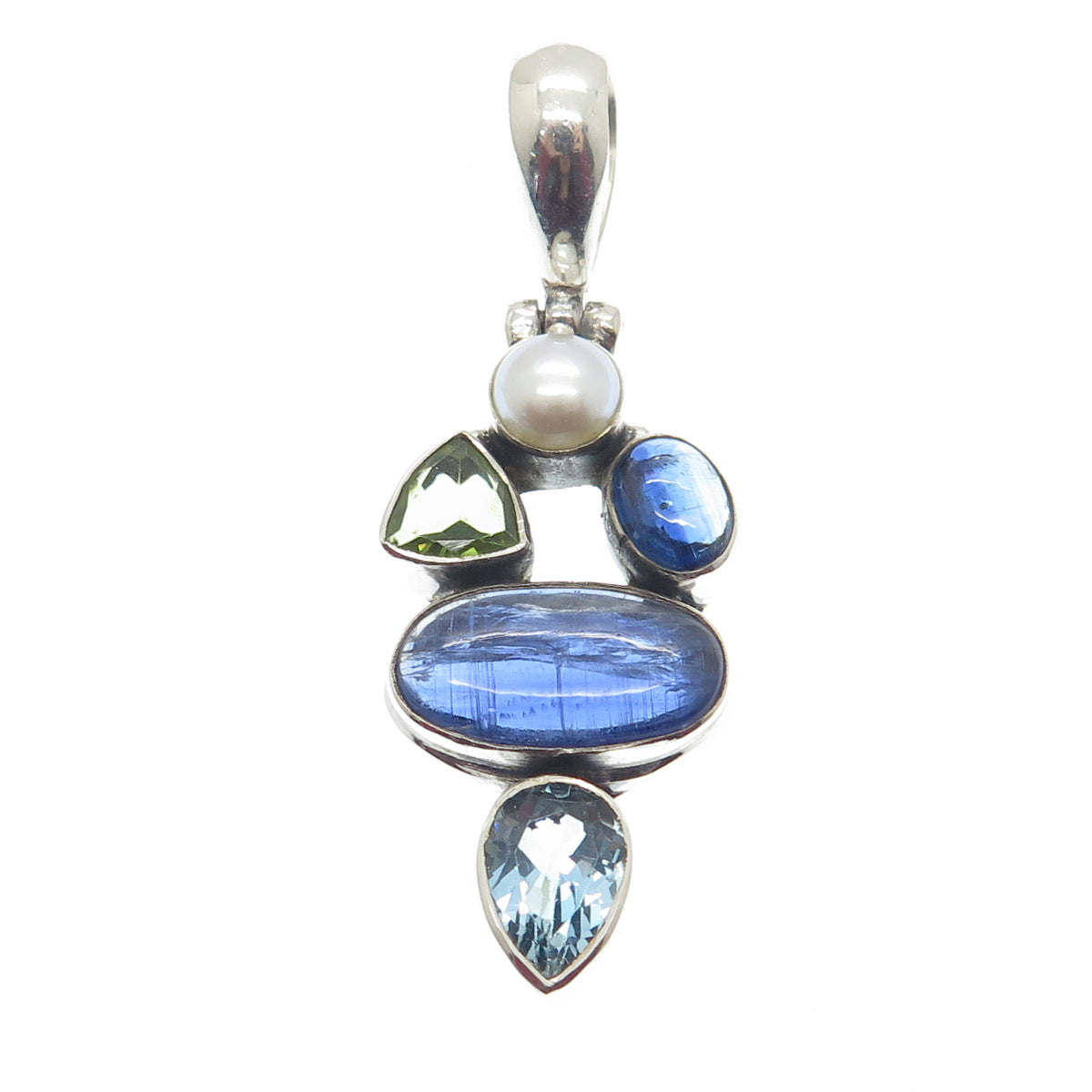 925 Sterling Silver Vintage Real Pearl Peridot Sapphire Blue Topaz Gem Pendant