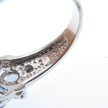 925 Sterling Silver Real Oval-Cut Tanzanite & C Z Multi-Row Ring Size 6.25