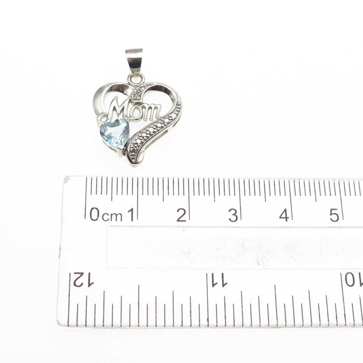 925 Sterling Silver Real Diamond Accent & Blue Topaz Mom Heart Charm Pendant