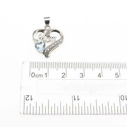 925 Sterling Silver Real Diamond Accent & Blue Topaz Mom Heart Charm Pendant
