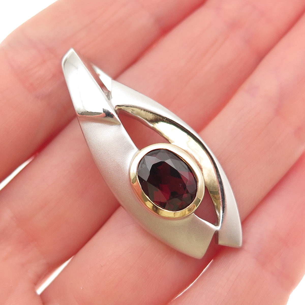 925 Sterling Silver 2-Tone Real Red Garnet Modernist Slide Pendant