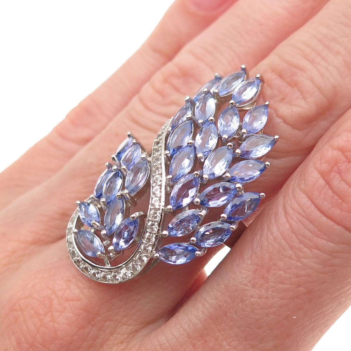 925 Sterling Silver Real Tanzanite & White Topaz Floral Cluster Ring Size 8