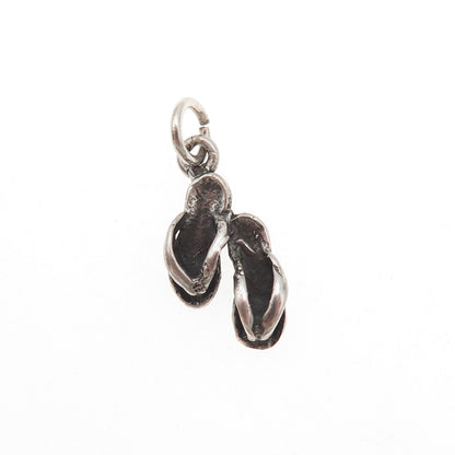 925 Sterling Silver Vintage Flip Flops Oxidized 3D Mini Charm Pendant