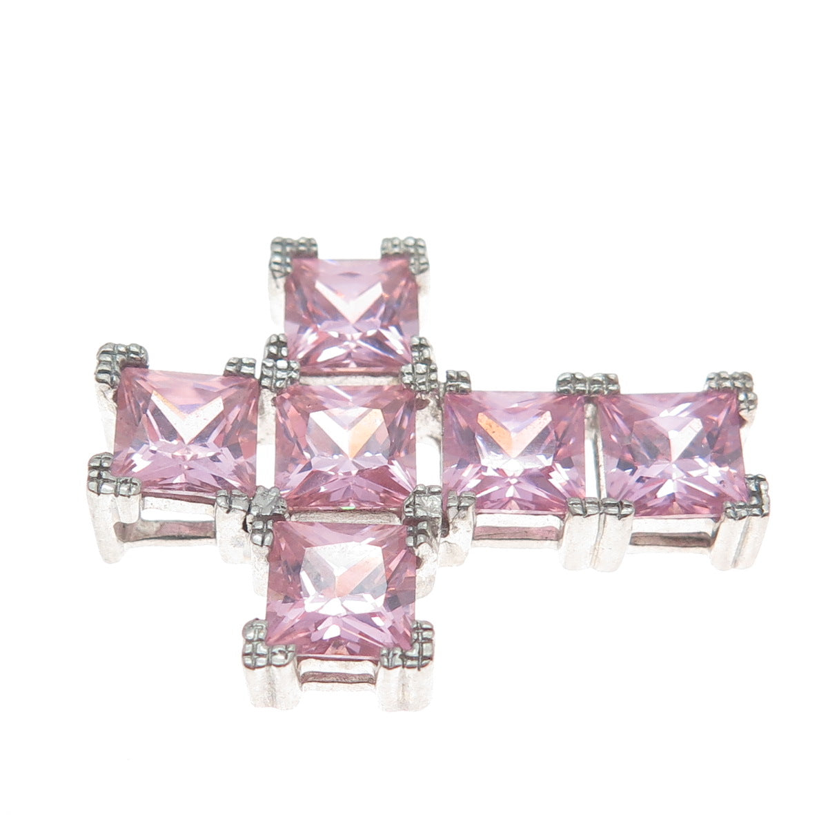 925 Sterling Silver Pink Princess-Cut Shaped C Z Cross Slide Pendant