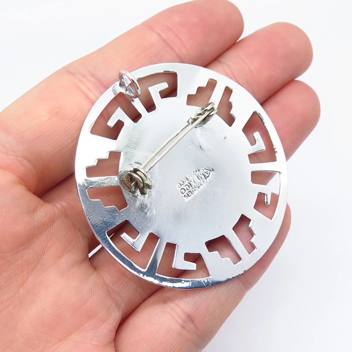 925 Sterling Silver Vintage Mexico Greek Maze Pin Brooch / Pendant