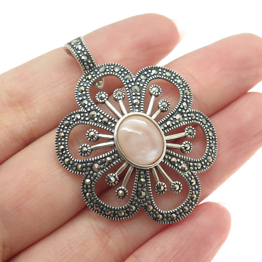 925 Sterling Silver Vintage Peach Mother-of-Pearl & Marcasite Gem Floral Pendant