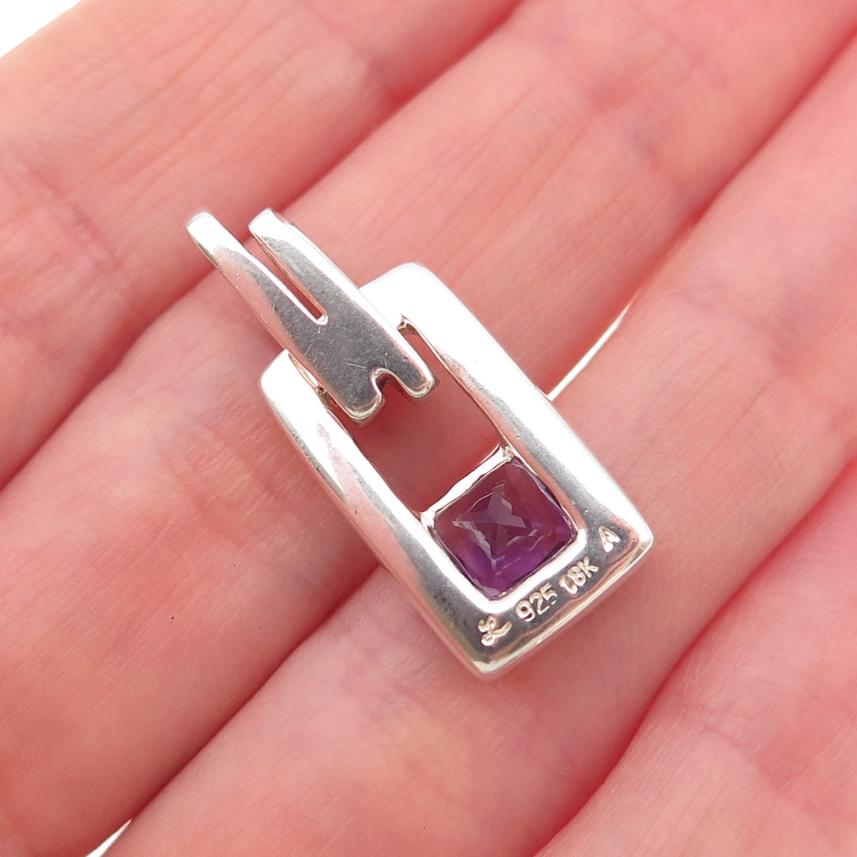 Lorenzo 925 Sterling Silver 18K Gold Real Amethyst Modernist Slide Pendant