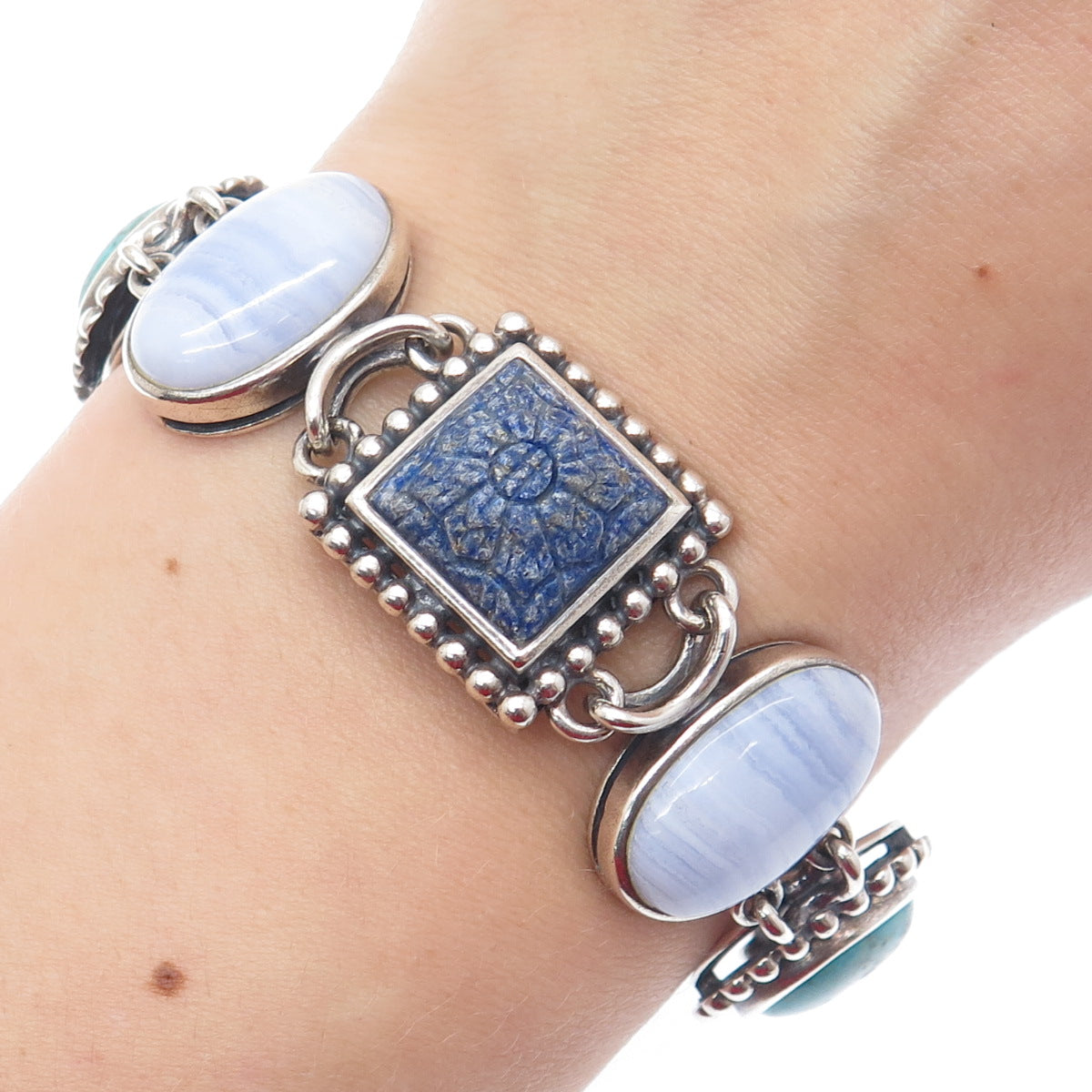WHITNEY KELLY 925 Sterling Vintage Real Agate Lapis Turquoise MOP Bracelet 7.5"
