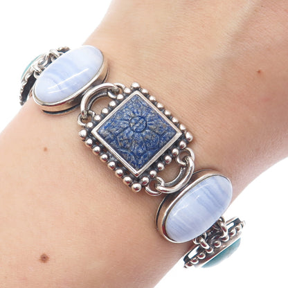 WHITNEY KELLY 925 Sterling Vintage Real Agate Lapis Turquoise MOP Bracelet 7.5"