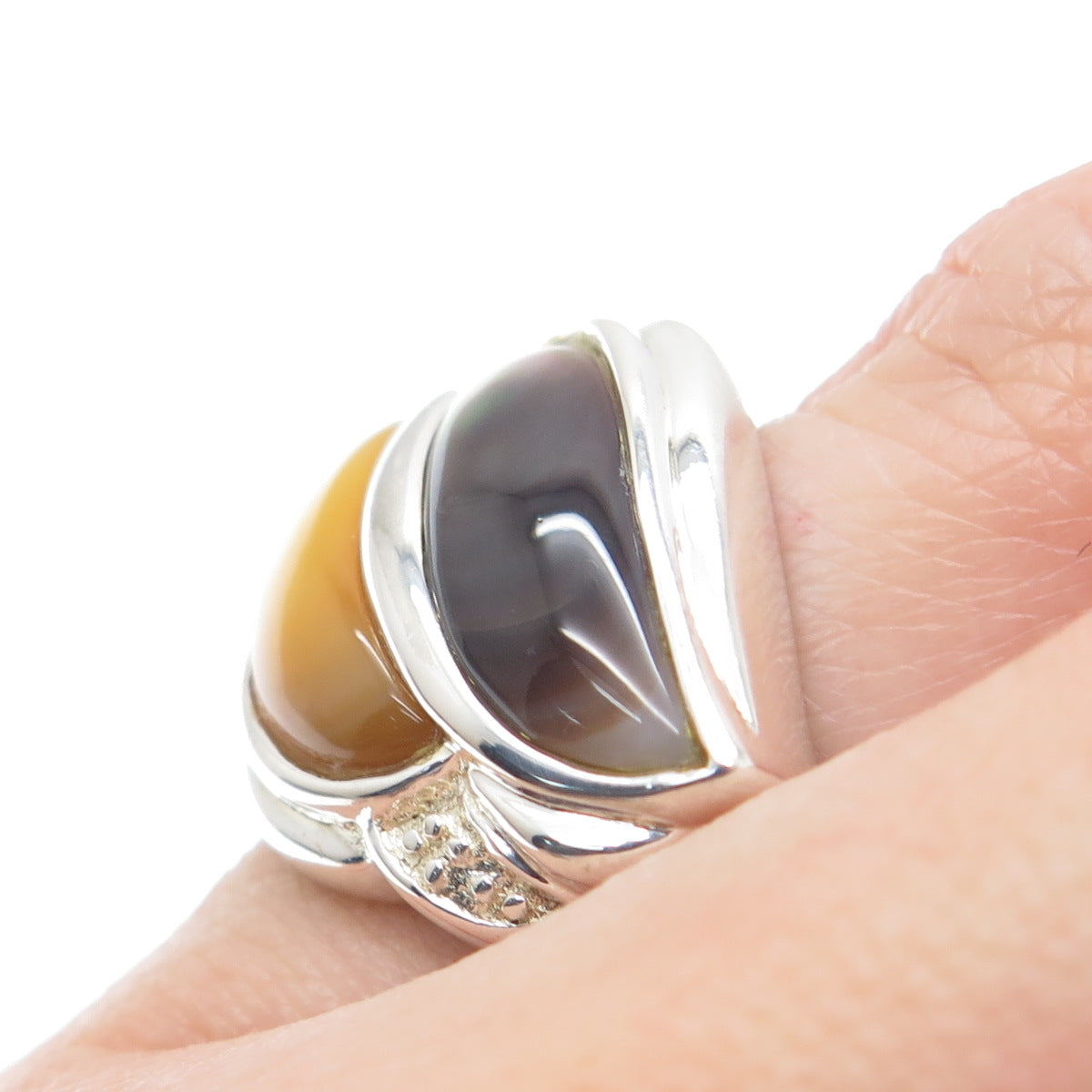 925 Sterling Silver Vintage WW Hong Kong Real MOP & Abalone Shell Ring Size 5.25
