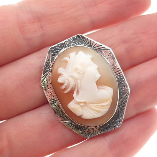 925 Sterling Silver Antique Art Deco Real MOP Carved Lady Cameo Pin Brooch