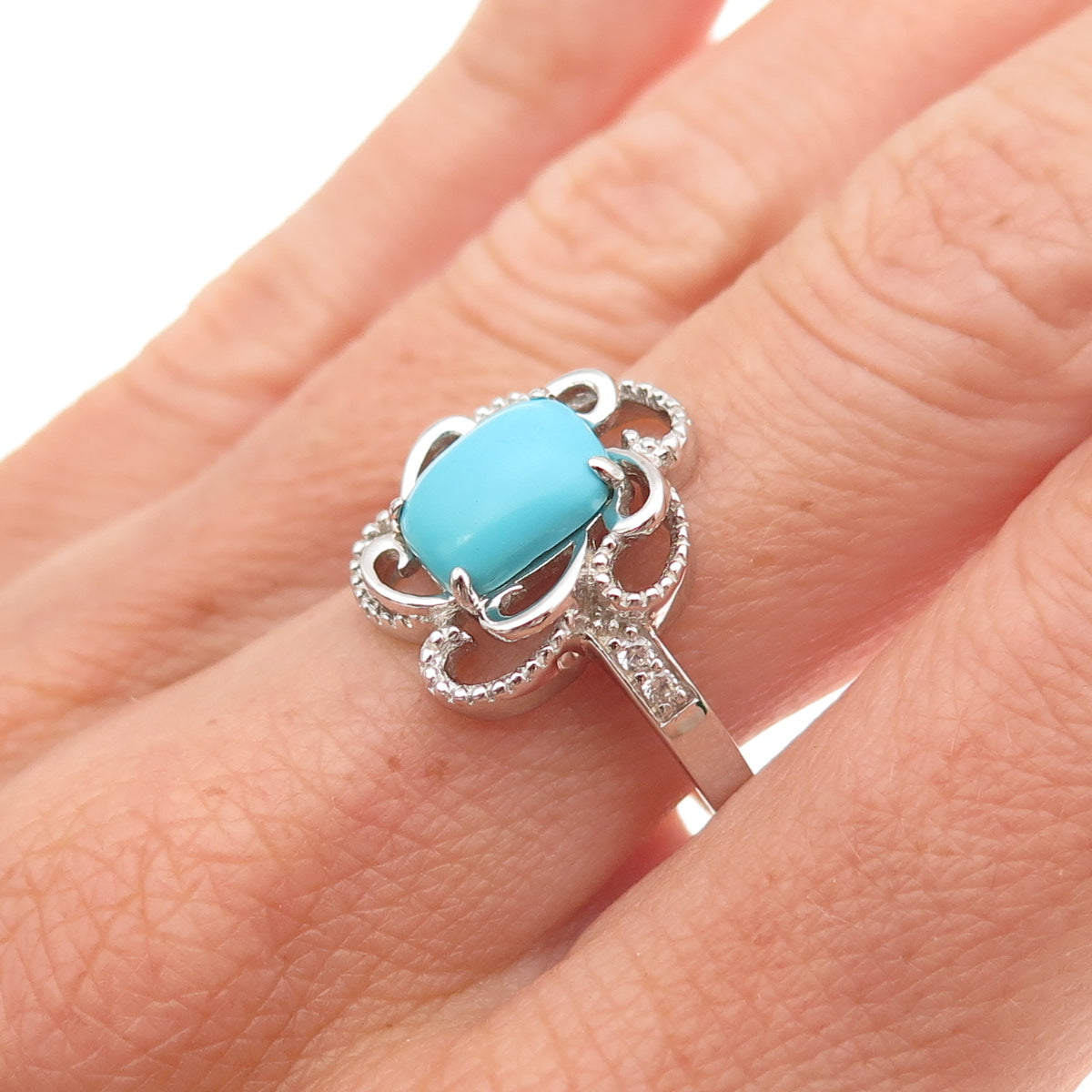 925 Sterling Silver Real Sleeping Beauty Turquoise Floral Ring Size 8