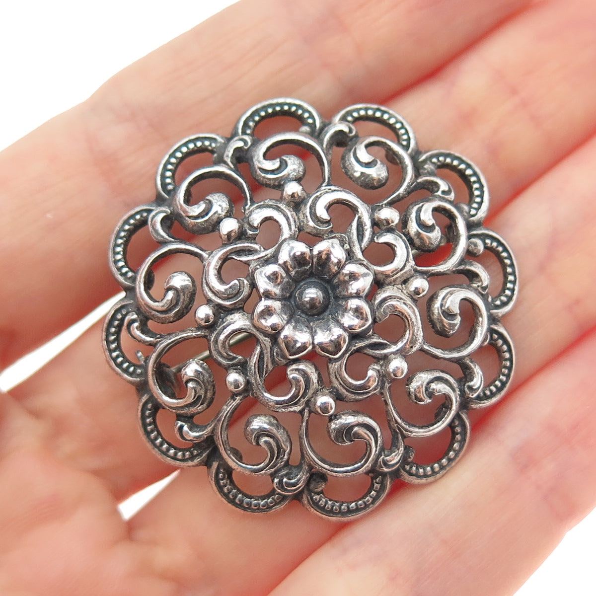 800 Silver Antique European Flower Swirl Oxidized Pin Brooch