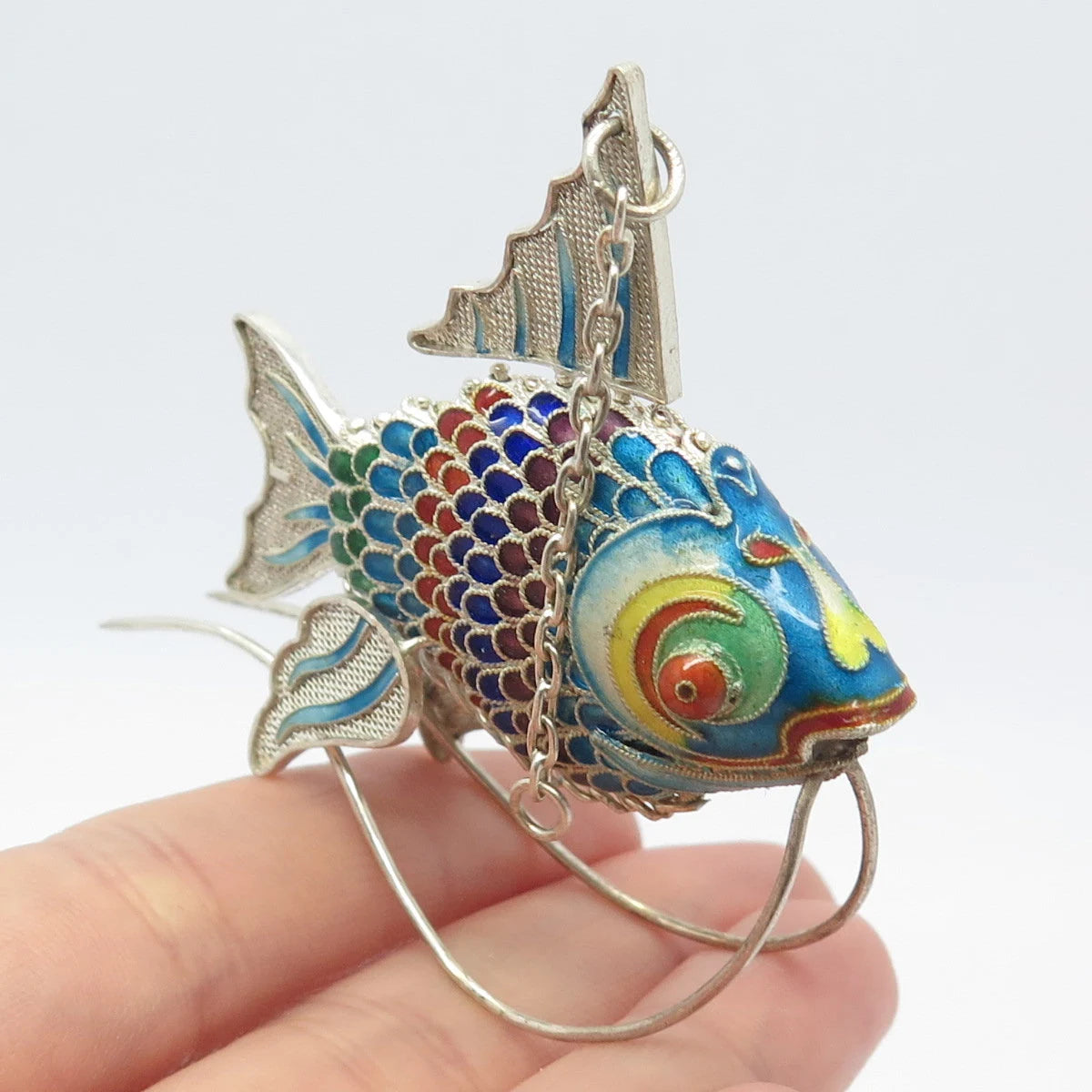 925 Sterling Silver Antique Enamel Chinese Koi Fish Articulated Chatelaine Fob