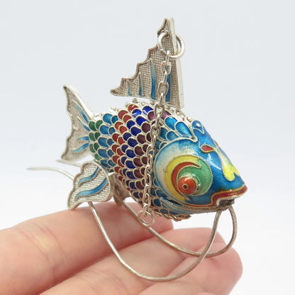 925 Sterling Silver Antique Enamel Chinese Koi Fish Articulated Chatelaine Fob