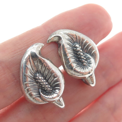 925 Sterling Silver Antique Calla Lily Flower Oxidized Screw Back Earrings