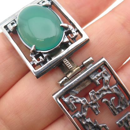 925 Sterling Silver Vintage Real Green Onyx Oxidized Panel Link Bracelet 7.25"
