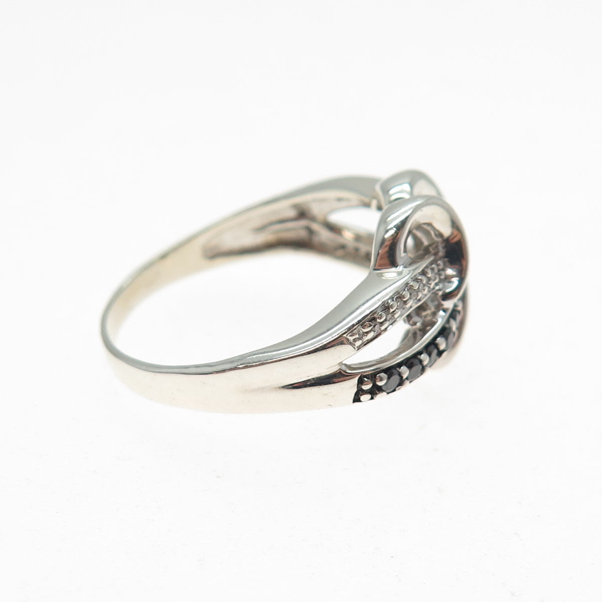 925 Sterling Silver Real Round-Cut Black & White Diamond Heart Ring Size 8.75