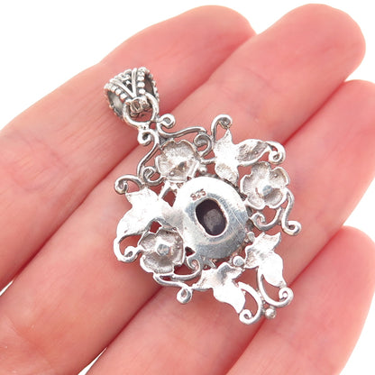 925 Sterling Silver Vintage Real Tanzanite Floral Oxidized Charm Pendant