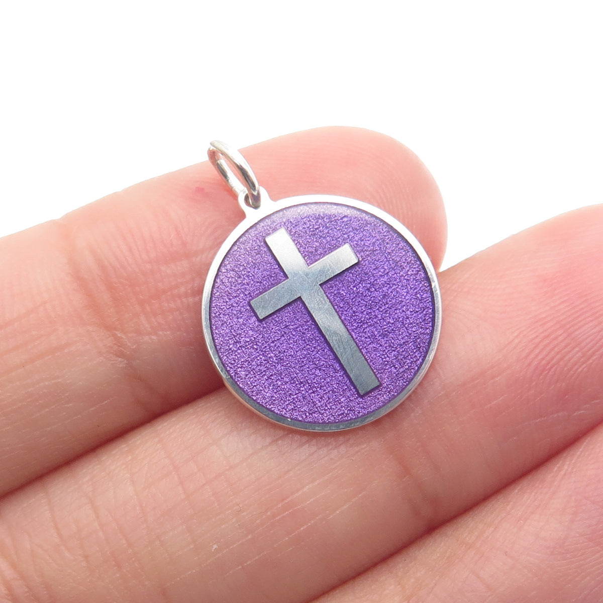 925 Sterling Silver Purple Enamel Cross Round Tag Minimalist Charm Pendant