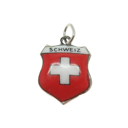 800 Silver Vintage Enamel Switzerland Flag Minimalist Charm Pendant