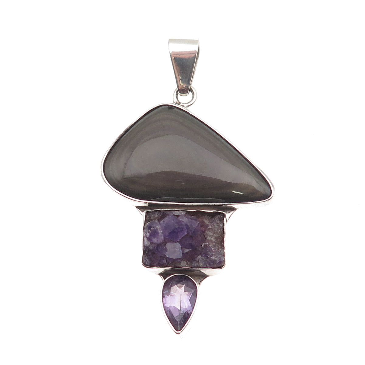 Charles Albert 925 Sterling Silver Vintage Real Gray Obsidian & Amethyst Pendant