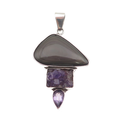 Charles Albert 925 Sterling Silver Vintage Real Gray Obsidian & Amethyst Pendant