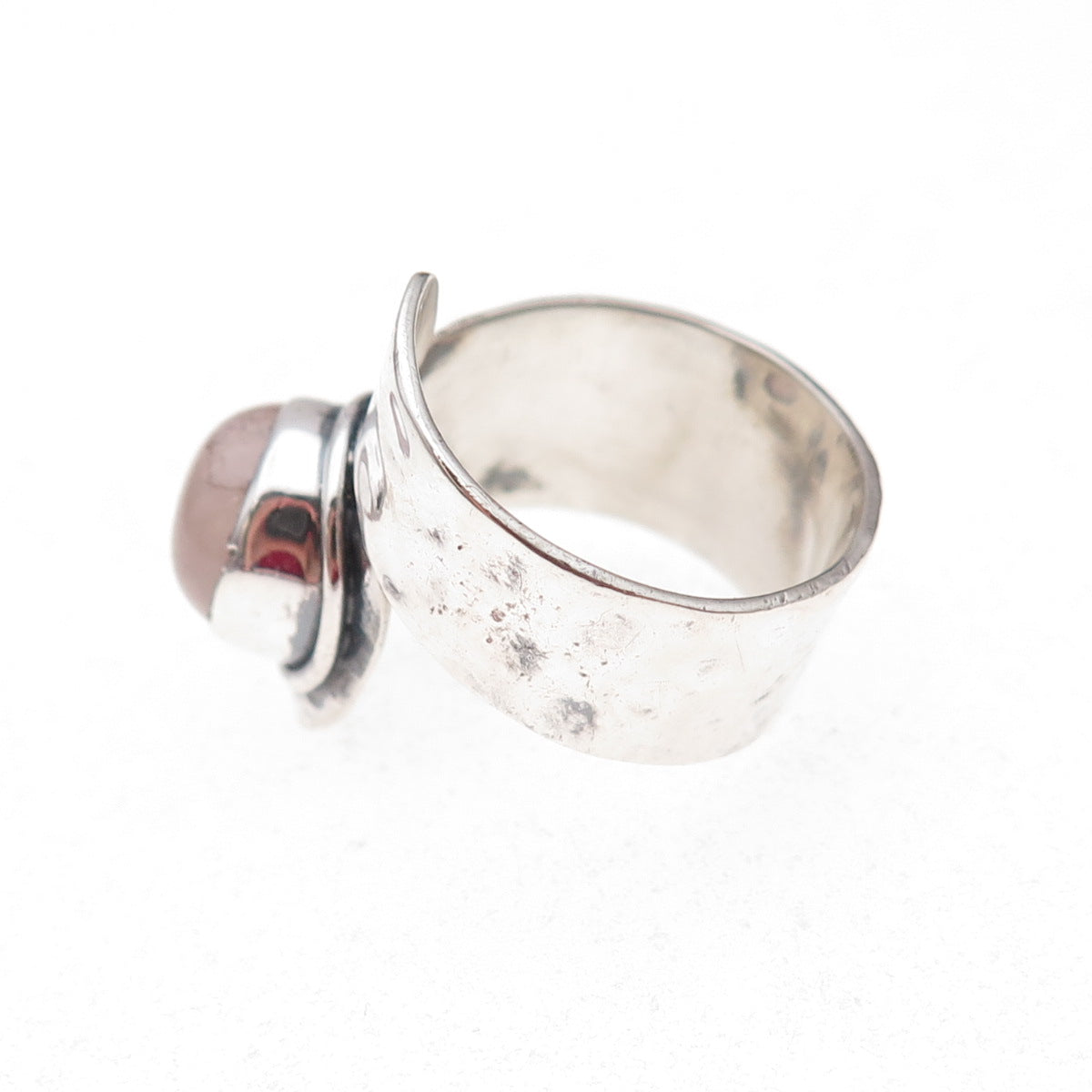 925 Sterling Silver Vintage Real Rose Quartz Hammered Adjustable Ring Size 7.5