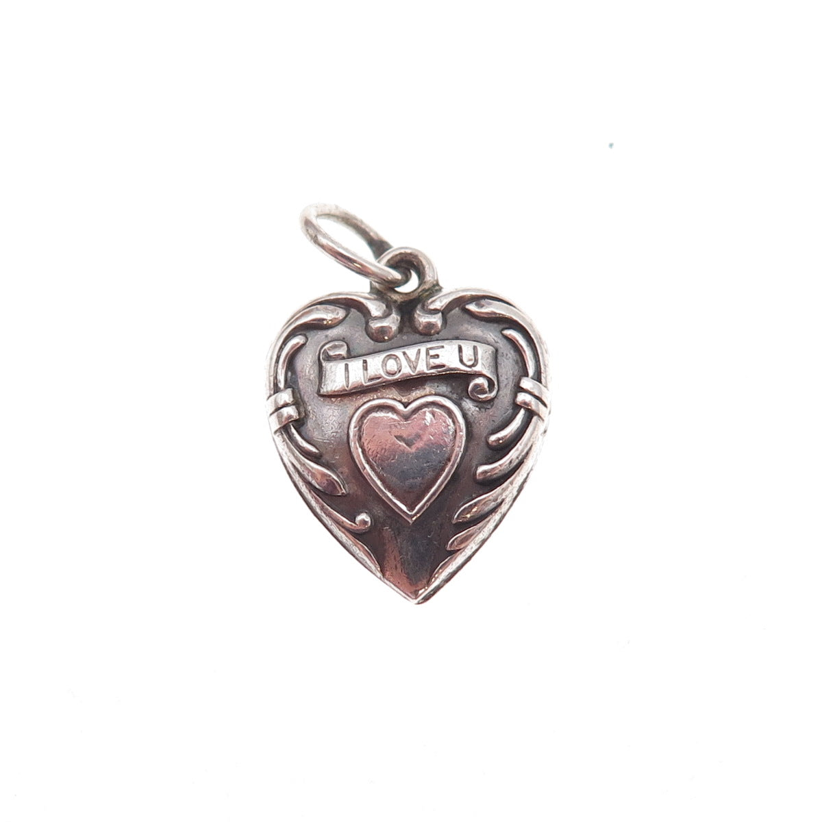 925 Sterling Silver Antique Art Deco I Love You Heart Chatelaine Charm Pendant