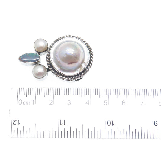 925 Sterling Silver Vintage Real Blister Pearl & Opal Modernist Slide Pendant