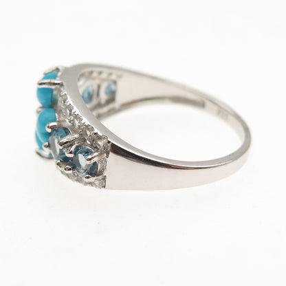 925 Sterling Silver Real Turquoise London Blue & White Topaz Ring Size 8.25