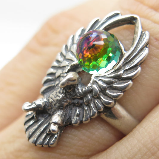 SHUBE 925 Sterling Silver Vintage Mystic Crystal Eagle Oxidized Ring Size 6.75