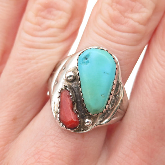 Old Pawn 925 Sterling Silver Vintage Southwestern Turquoise Coral Ring Size 11.5