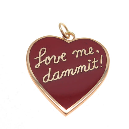 925 Sterling Silver Rose Gold Plated Enamel "Love Me, Dammit!" Heart Tag Pendant