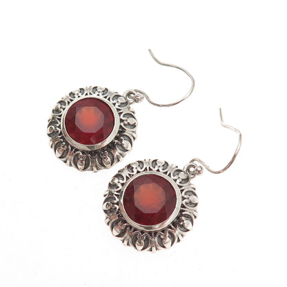 925 Sterling Silver Vintage Real Carnelian Floral Oxidized Dangle Earrings