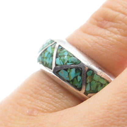 Old Pawn Sterling Silver Vintage Southwestern Turquoise Inlay Band Ring Size 5.5