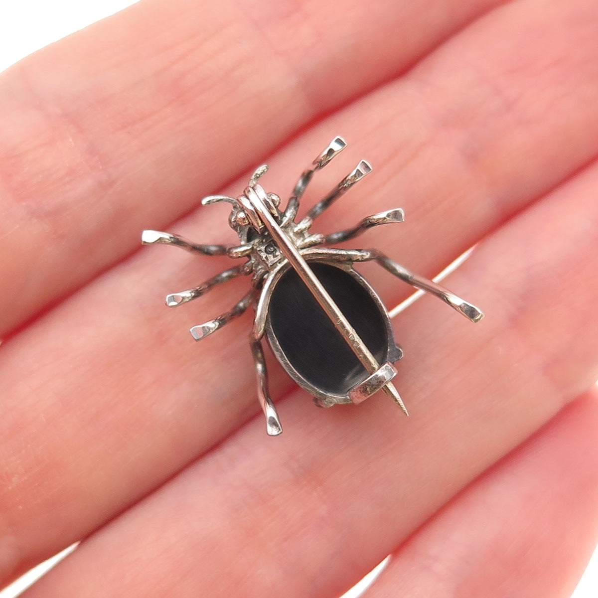 835 Silver Antique Art Deco Real Hematite Spider Oxidized 3D Mini Pin Brooch