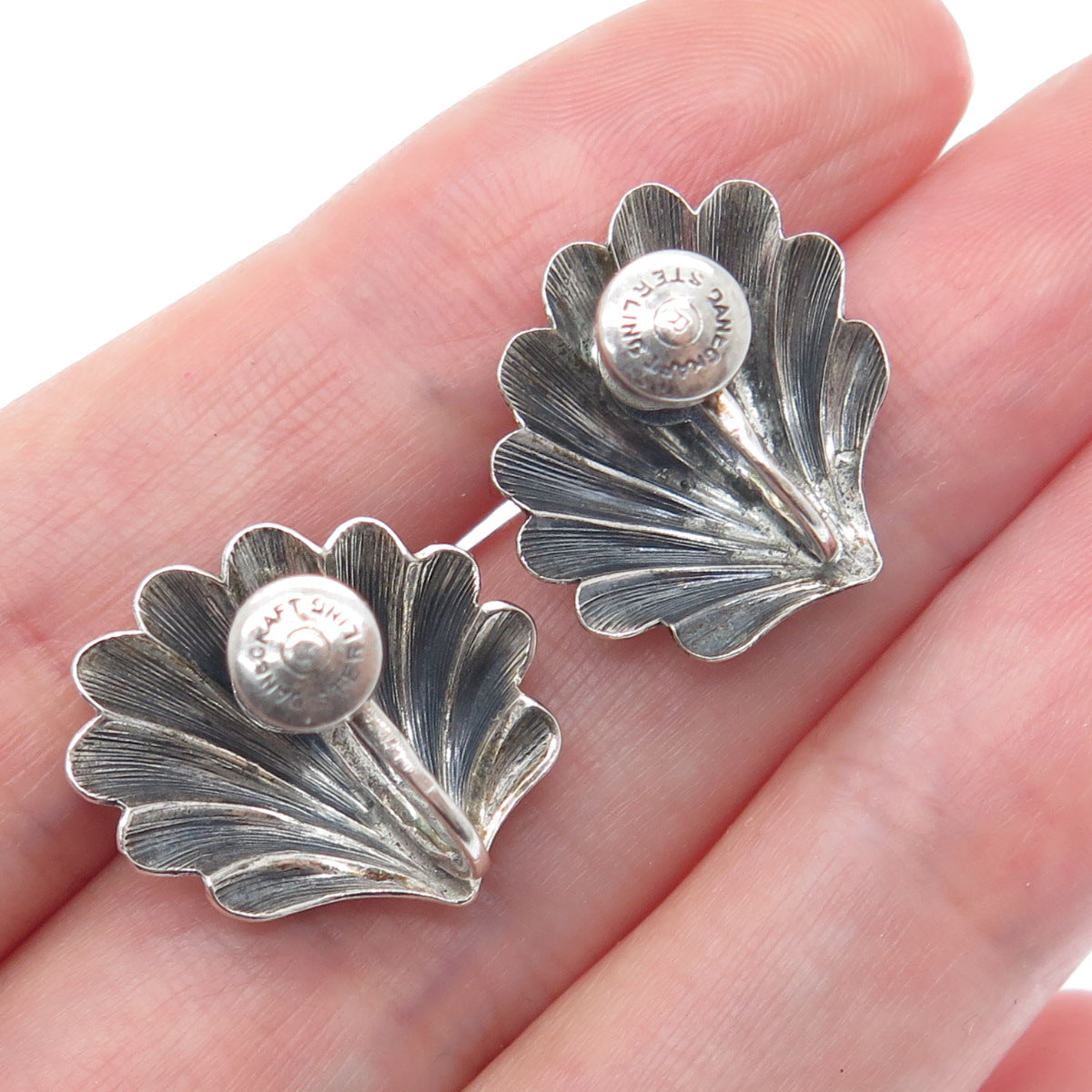 DANECRAFT Sterling Silver Antique Art Deco Seashell Oxidized Screw Back Earrings